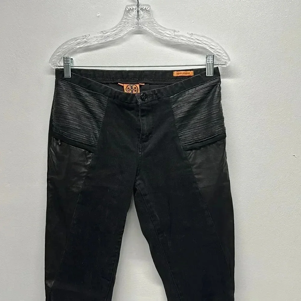 Tory Burch Denim Leggings Pants Jeans Low Rise Leather Trim Skinny Black Size 28